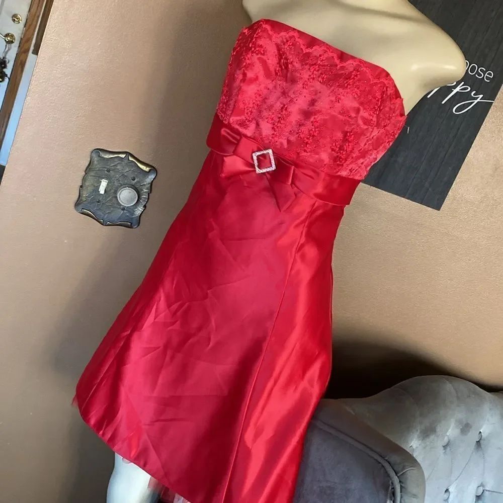 Jessica McClintock for Gunners Sax Red Satin Rhinestone Tule Mini Dress 7